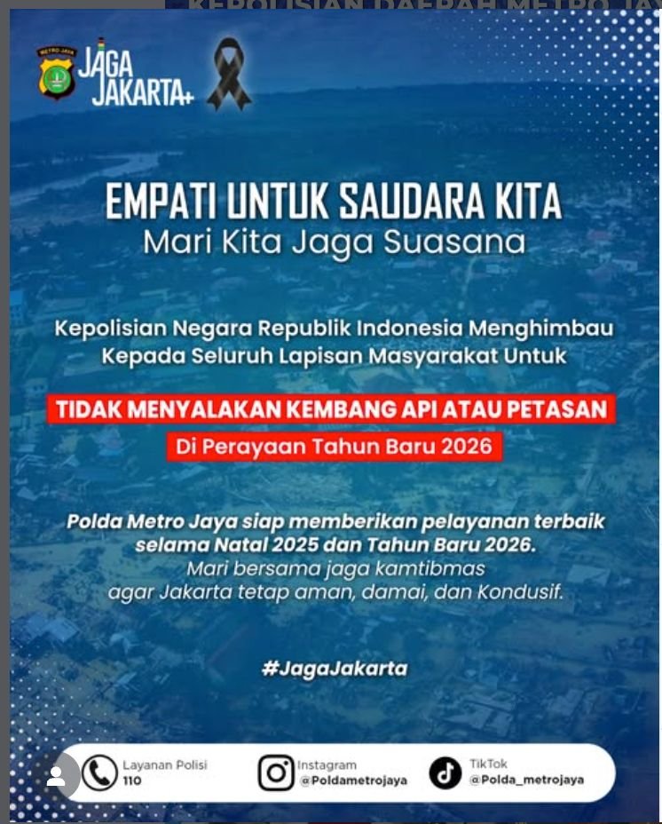 Empati Bencana Sumatera, Polda Metro Jaya Tutup Ruang Pesta Kembang Api saat Malam Tahun Baru